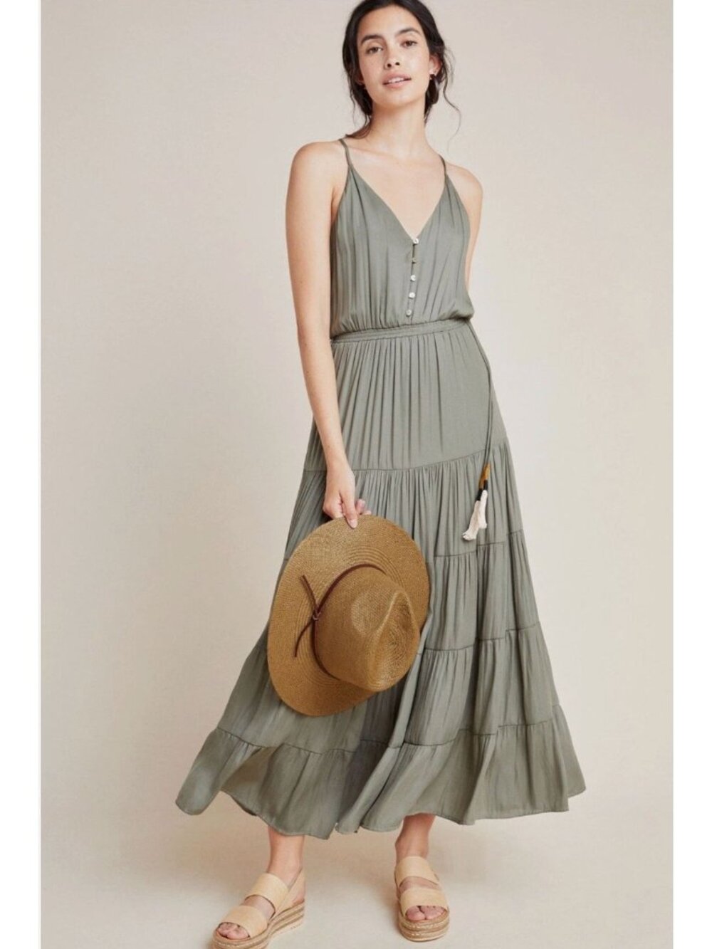 Dolan Anthropologie Emmaline Matte Satin Tiered Maxi Dress Sage Green XL